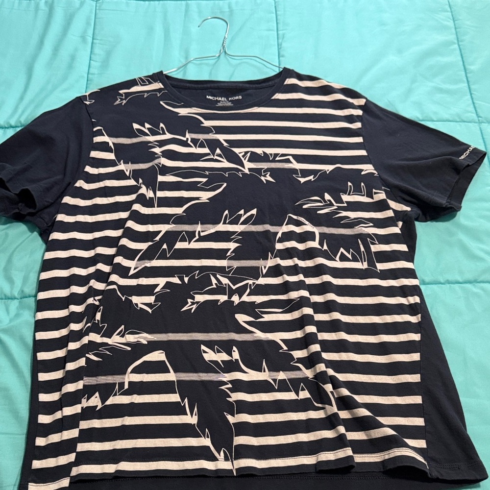 Michael Kors Navy and White Striped Short-Sleeve Tee with Leaf Graphic